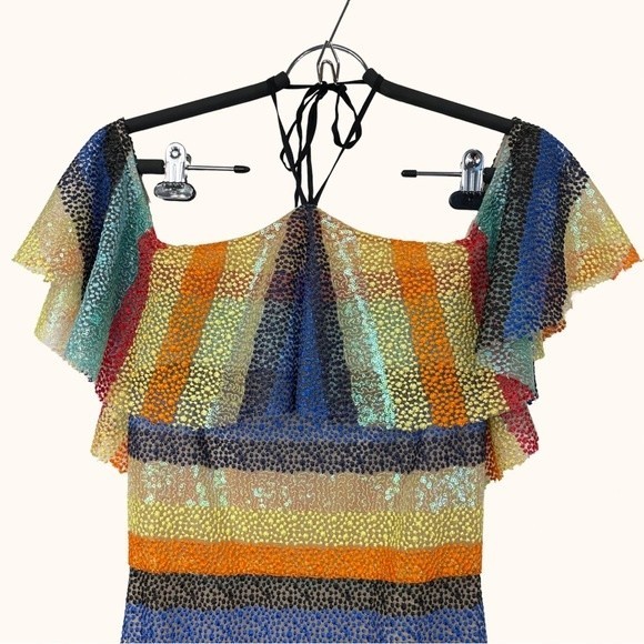 Alice + Olivia | Annabeth Sequin Embroidered Mesh Rainbow Striped Ruffle Dress - Picture 14 of 16